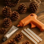 A rustic tabletop with pine cones, E6000 glue, a hot glue gun, and Gorilla glue sticks used for crafting.